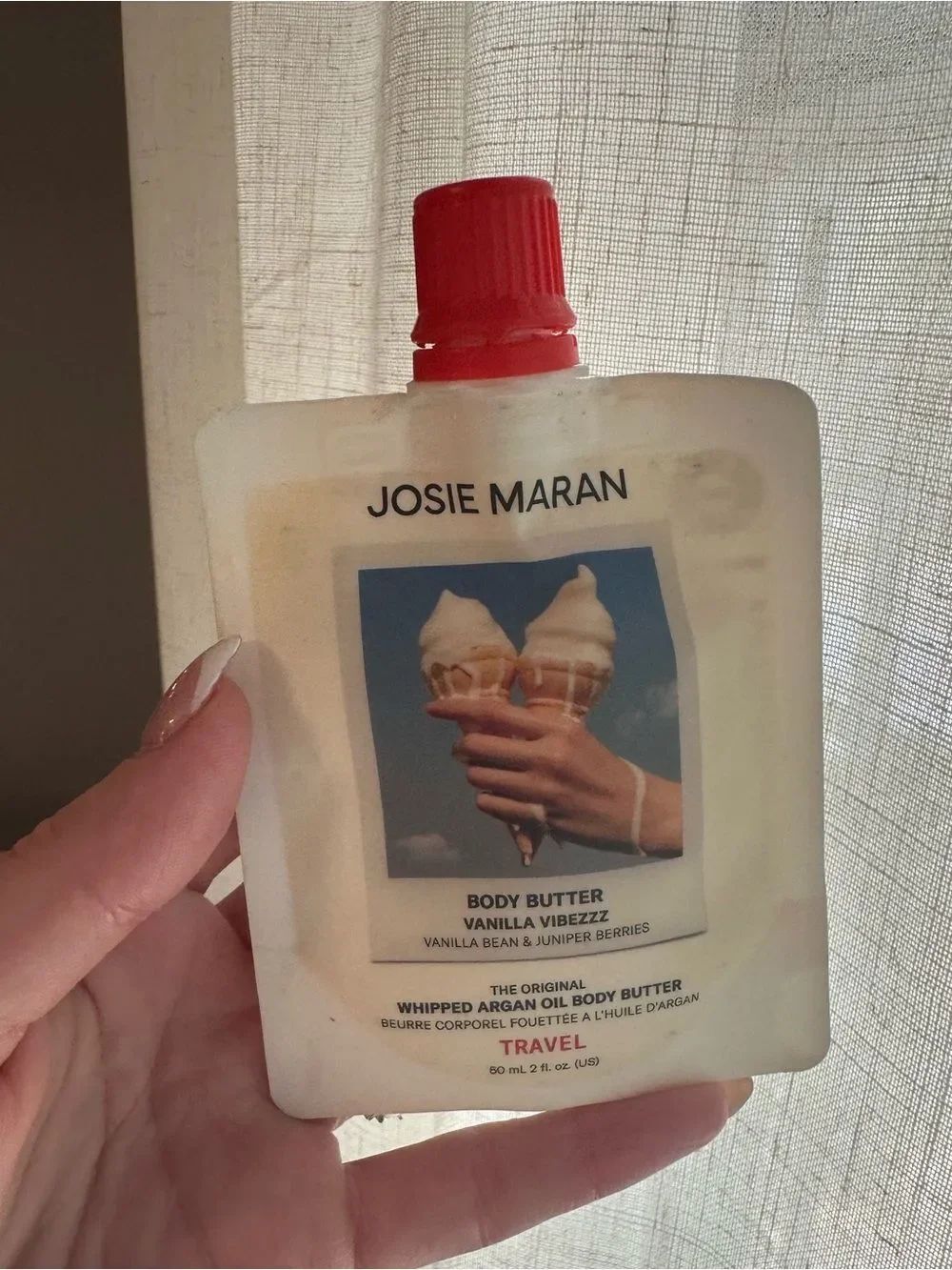 ✨3/$10✨ JOSIE MARAN Vanilla Vibezzz Travel Body Butter Pouch - White with Red Ca